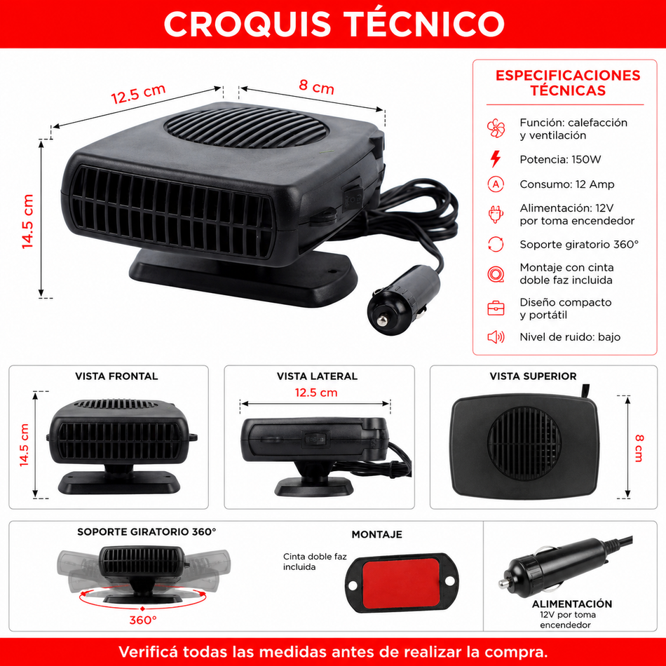 Caloventilador desempañador portátil 12V para auto