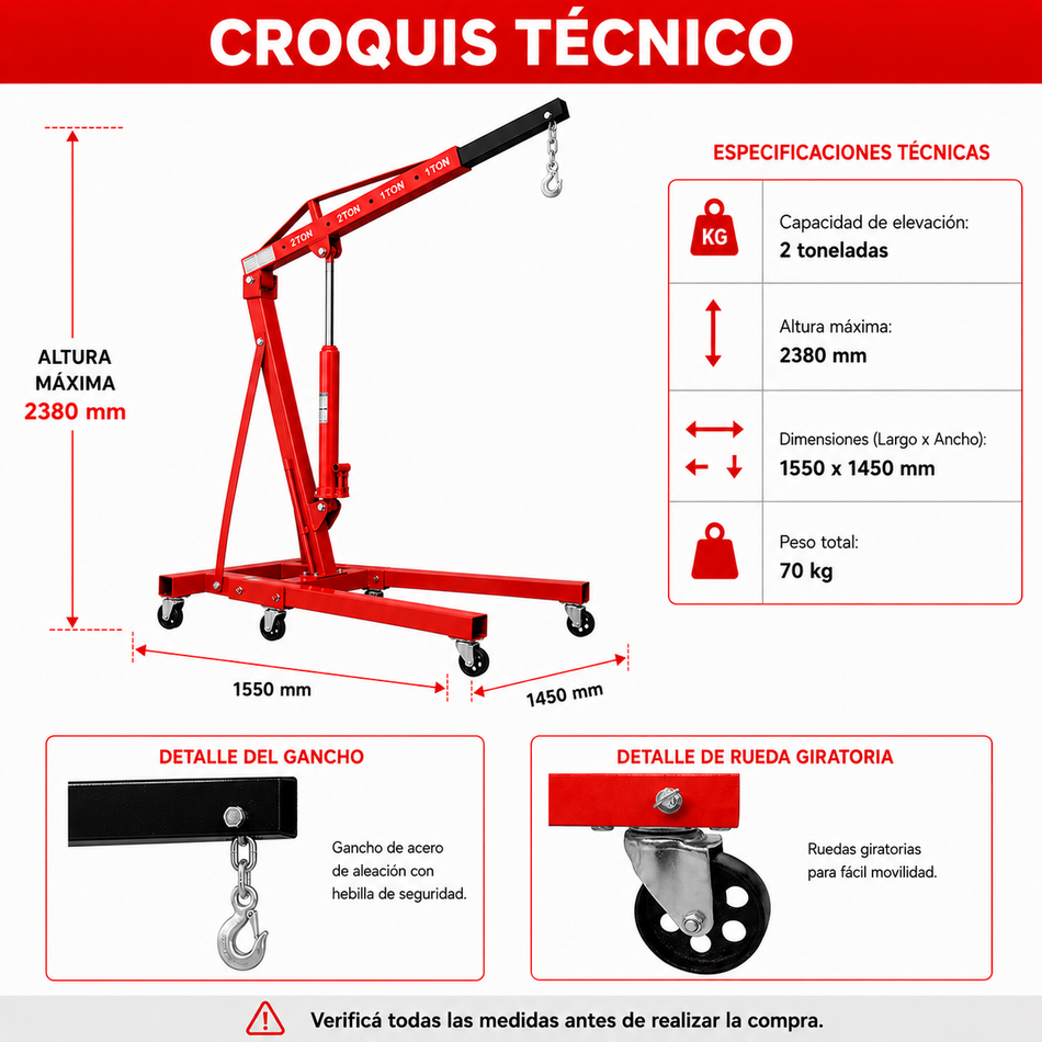 Grúa Pluma hidráulica plegable 2T para motores y talleres