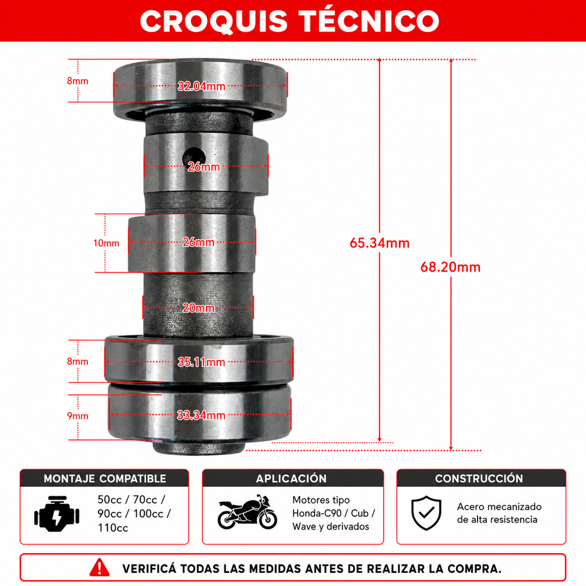 Árbol de Levas Moto 110 – 68 mm-Árboles de levas motos-Multishop Uruguay