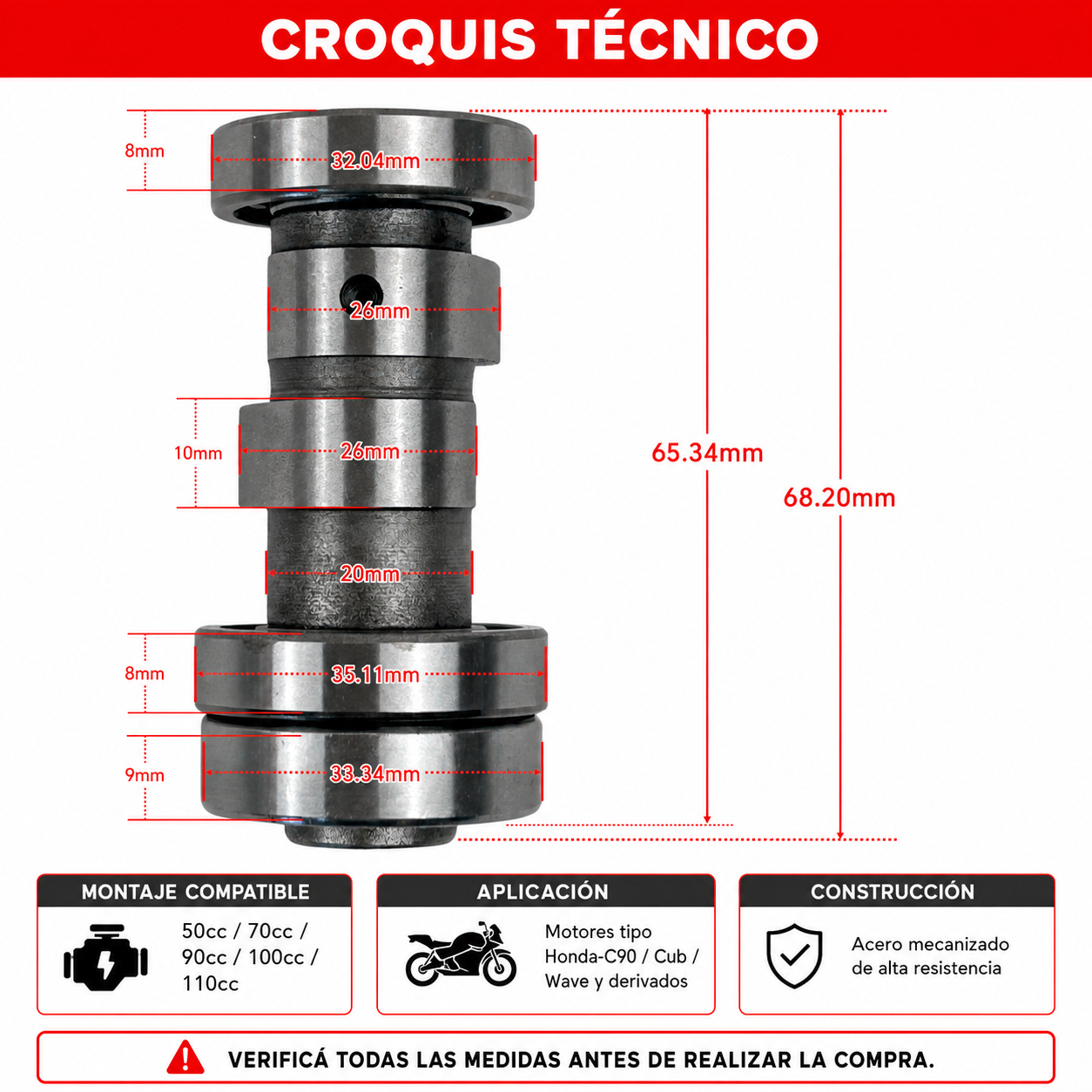Árbol de Levas Moto 110 – 68 mm-Árboles de levas motos-Multishop Uruguay
