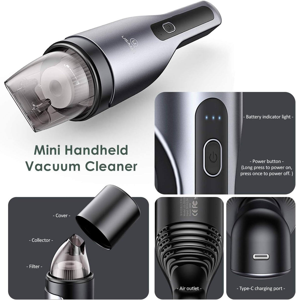 Aspiradora de Mano USAMS 5500Pa Recargable para Auto-Accesorios-Multishop Uruguay