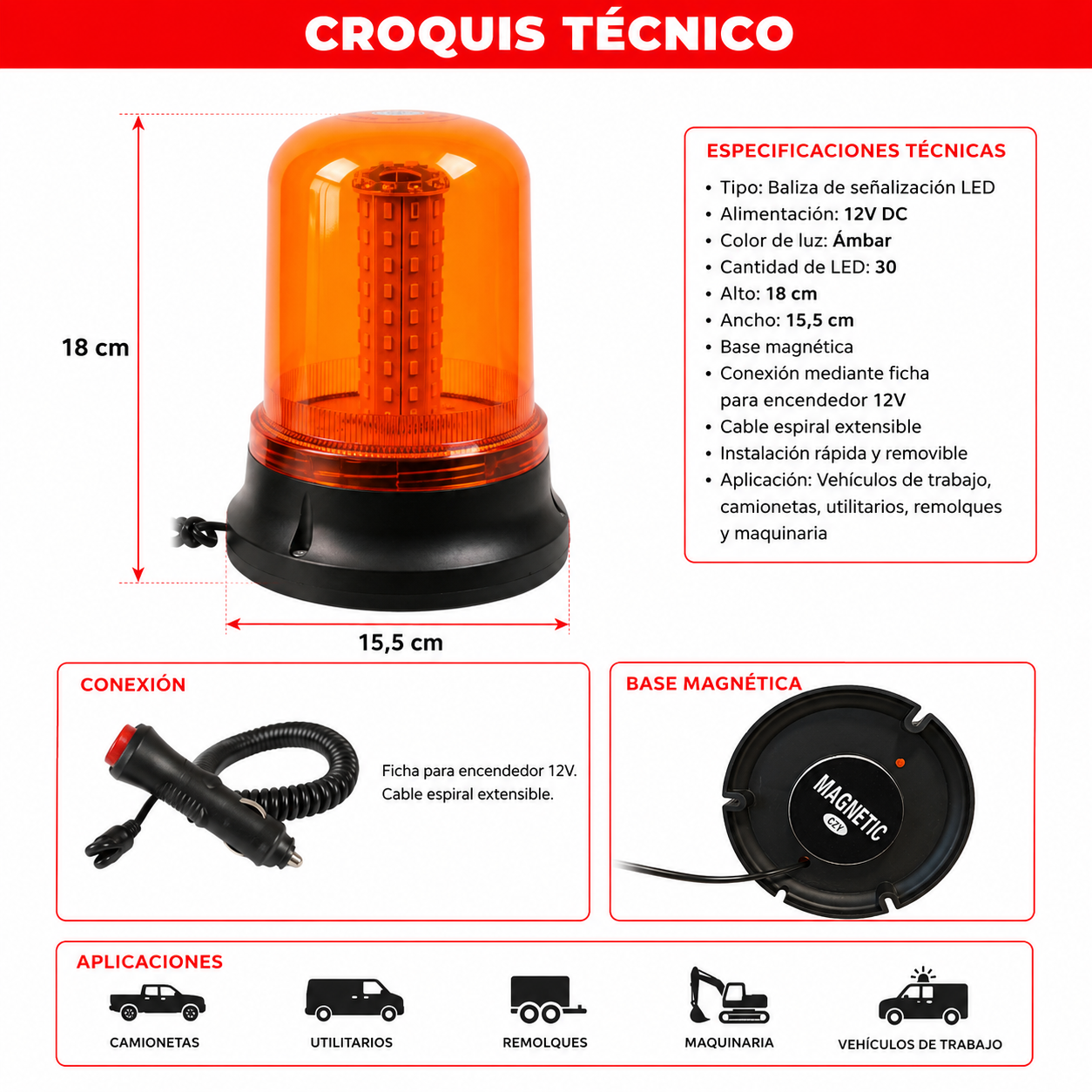 Baliza Señalización LED 12V Magnética 30 LED Ámbar-Balizas-Multishop Uruguay