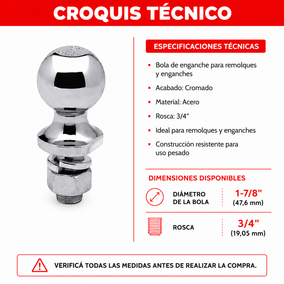 Bola Para Enganche Trailer 1-7/8" Rosca 3/4"-Trailer-Multishop Uruguay