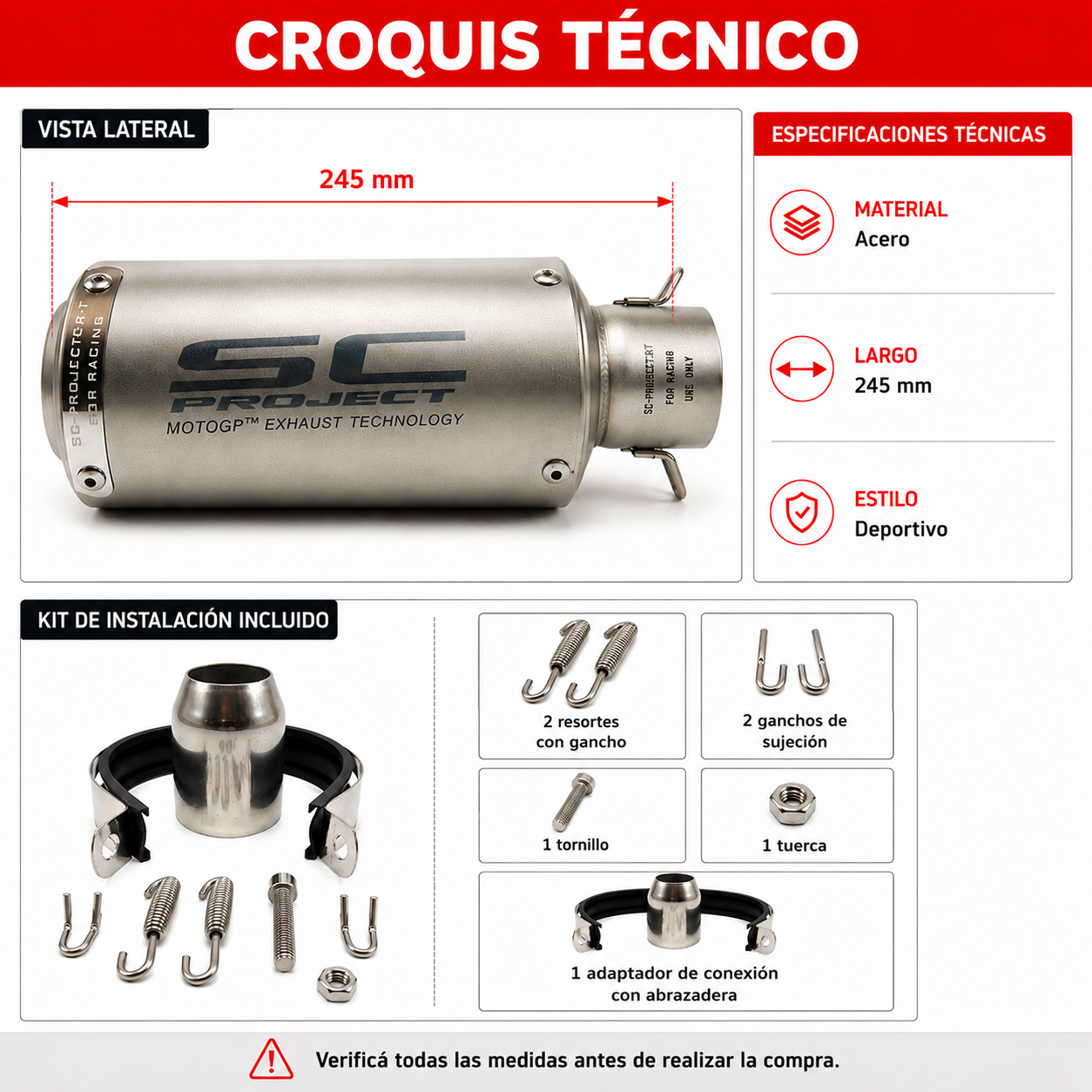 Caño Escape Moto 245 Mm Gris-Escapes motos-Multishop Uruguay