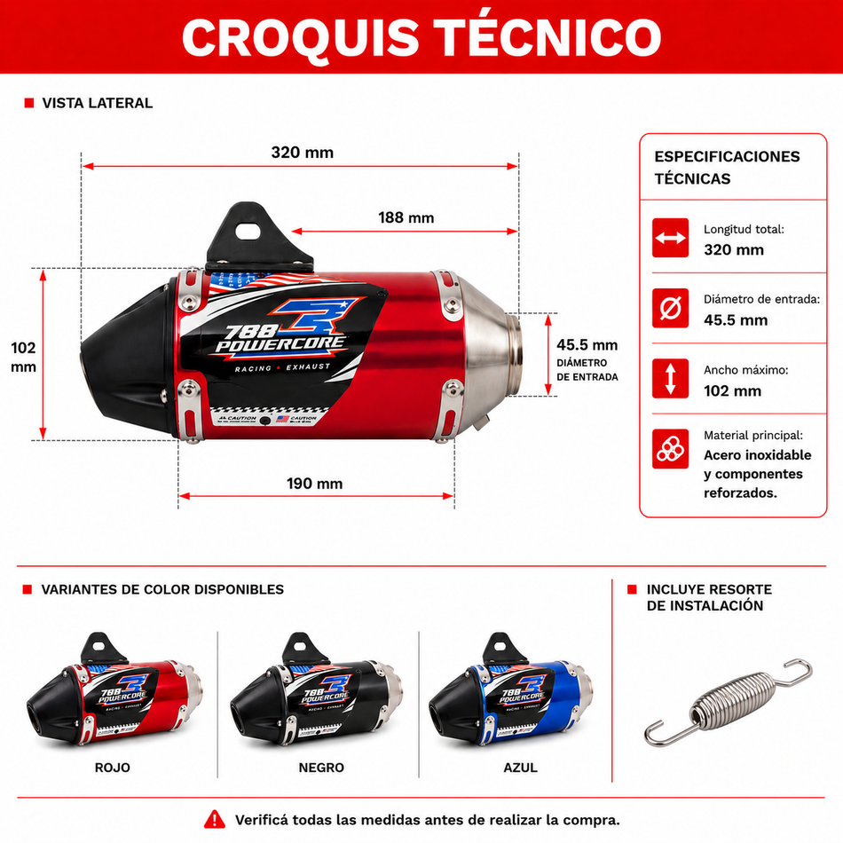 Caño Escape Moto Universal 32 cm - Azul, Rojo o Negro-Escapes motos-Multishop Uruguay