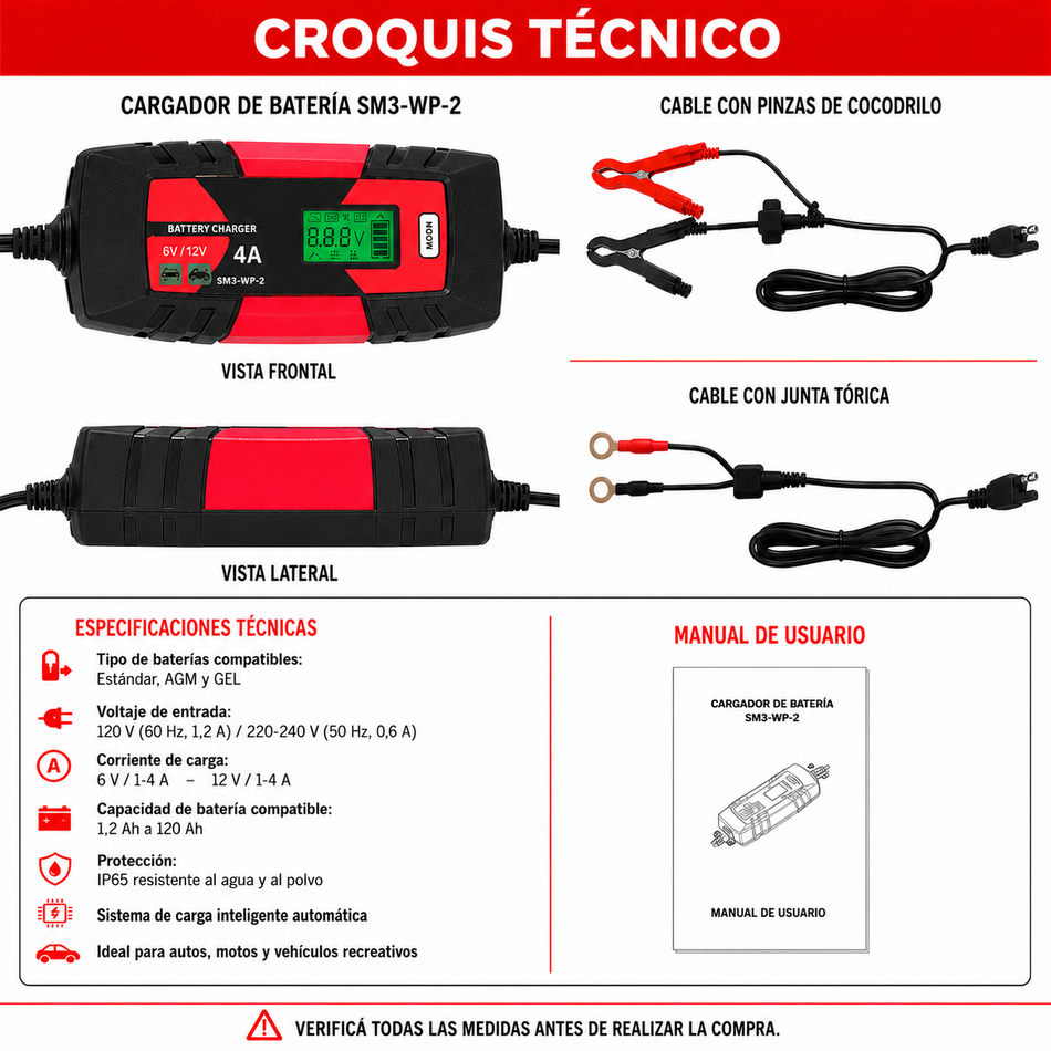 Cargador Inteligente Batería Auto 12V 4A AGM GEL-Cargador/Arrancador-Multishop Uruguay