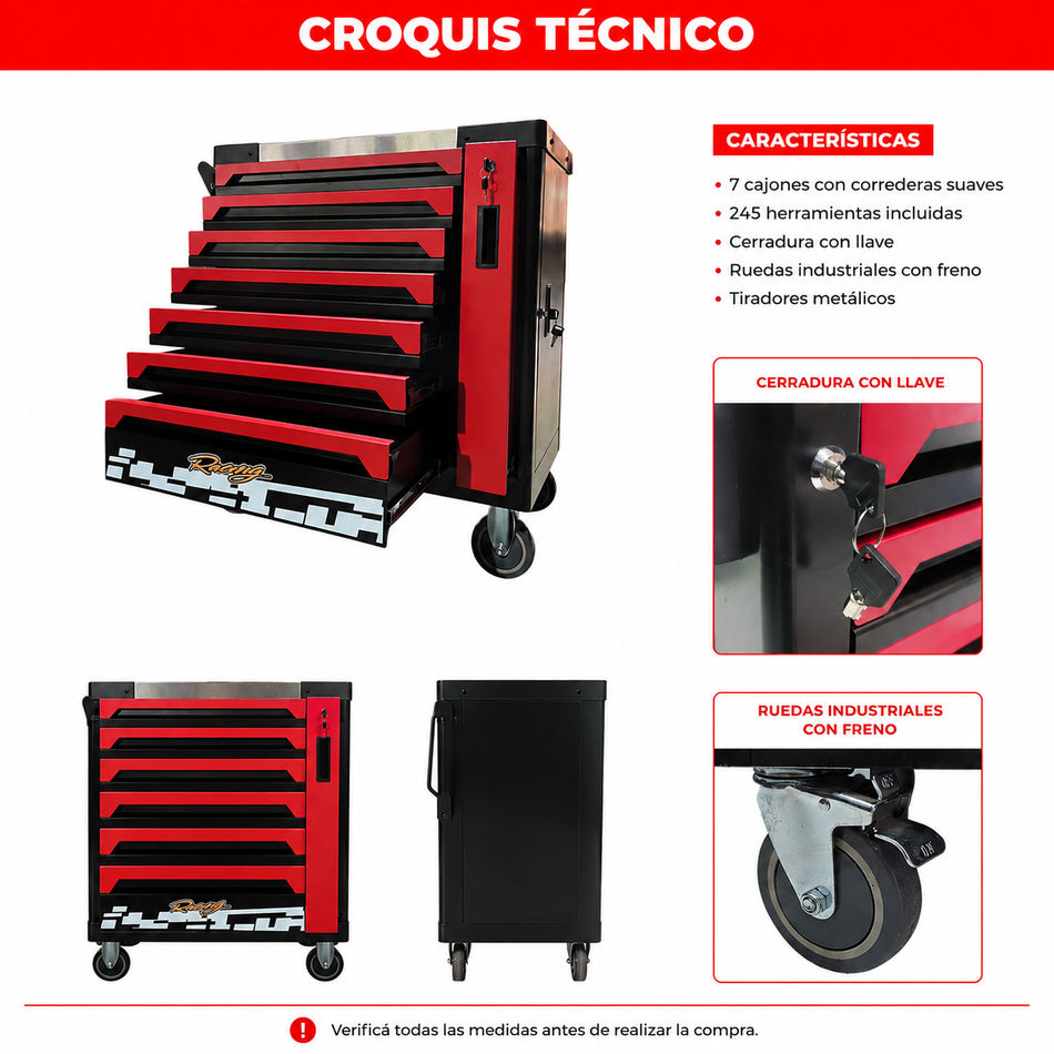 Carro Gabinete Taller Con 7 Cajones 245 Piezas-Carro Taller-Multishop Uruguay