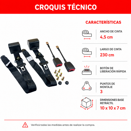 Cinto Cinturón de Seguridad 3 Puntas Retráctil Universal x2 Un-Cintos de Seguridad-Multishop Uruguay