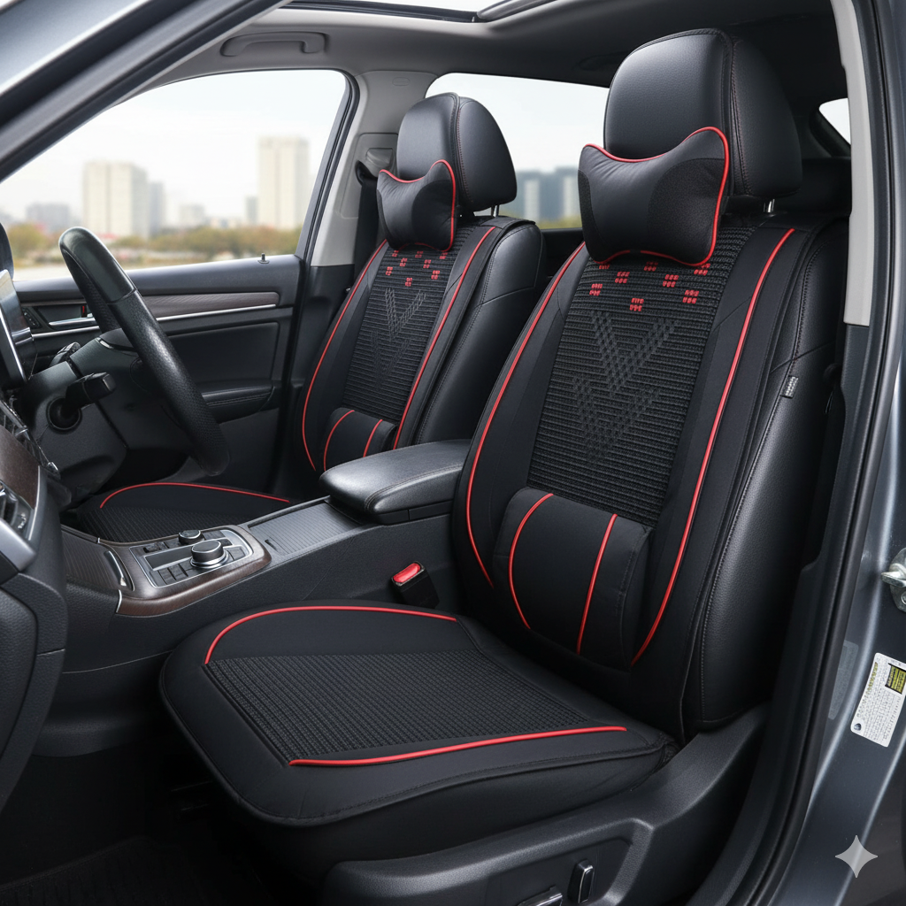 Cubreasiento Auto Negro PU + Tejido Con Apoyacabeza-Cubreasientos Universales-Multishop Uruguay