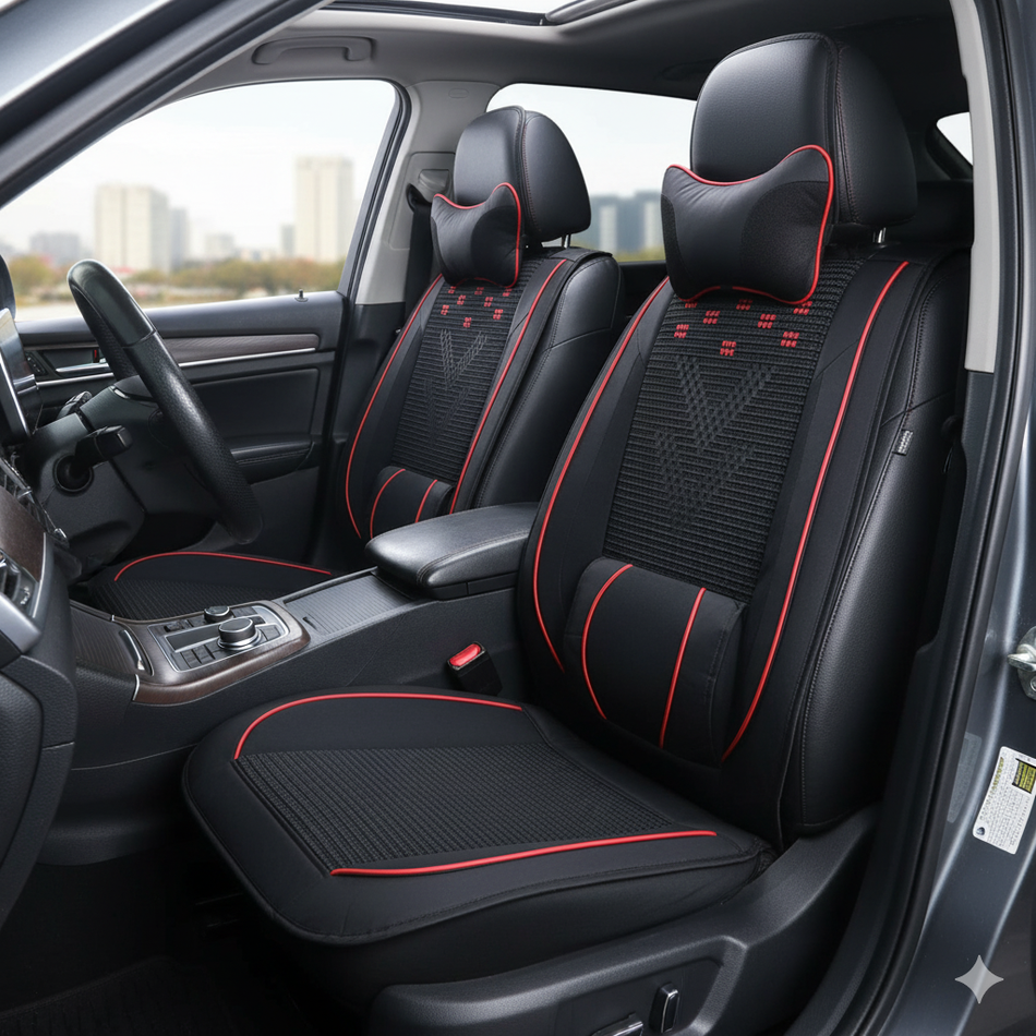 Cubreasiento Auto Negro PU + Tejido Con Apoyacabeza-Cubreasientos Universales-Multishop Uruguay