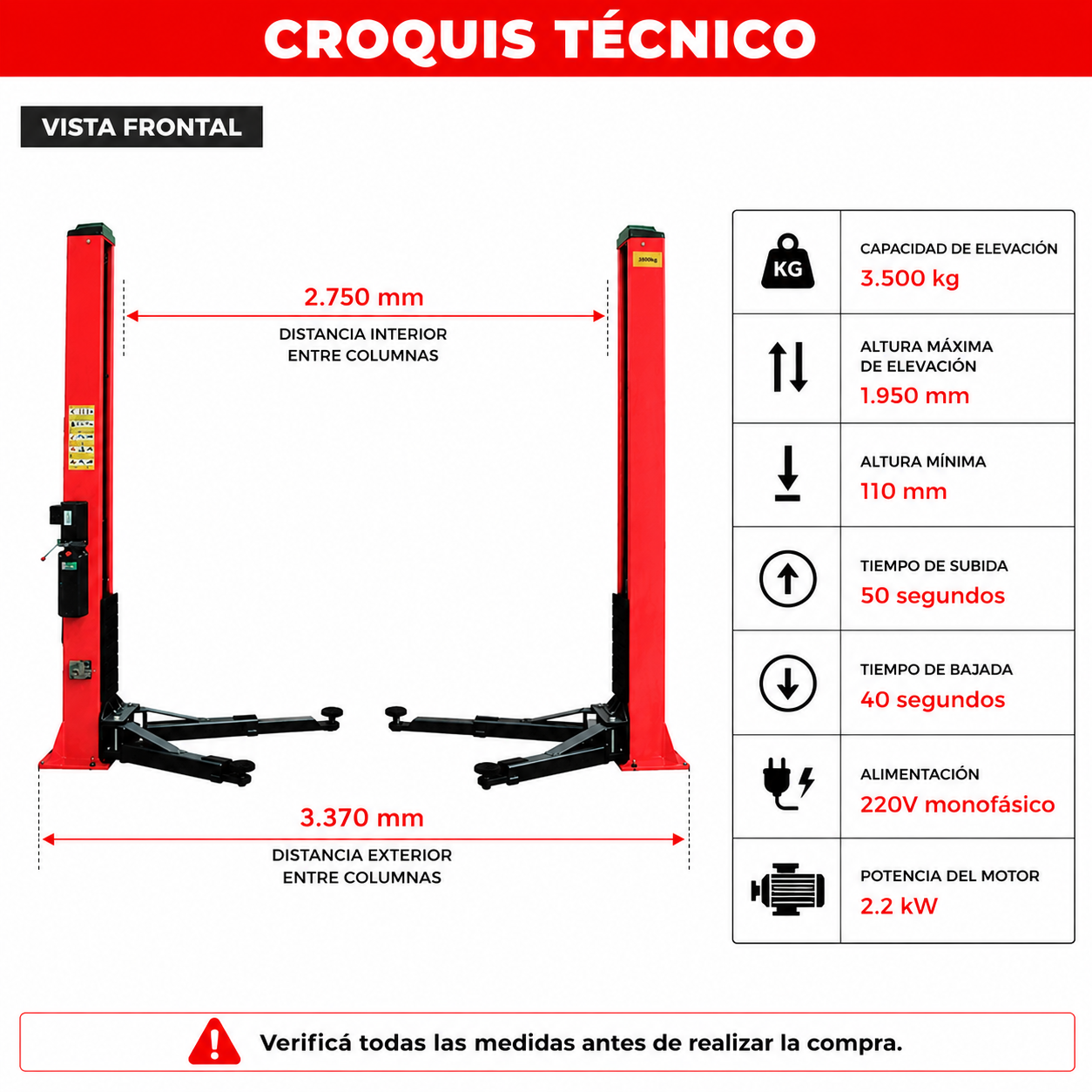 Elevador Eléctrico 2 Columnas 3500 kg Monofásico 220V-Elevador-Multishop Uruguay