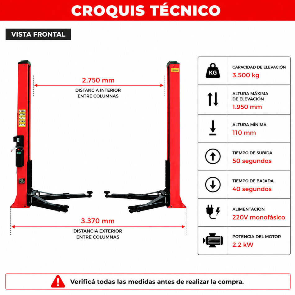 Elevador Eléctrico 2 Columnas 4000 kg Monofásico 220V-Elevador-Multishop Uruguay