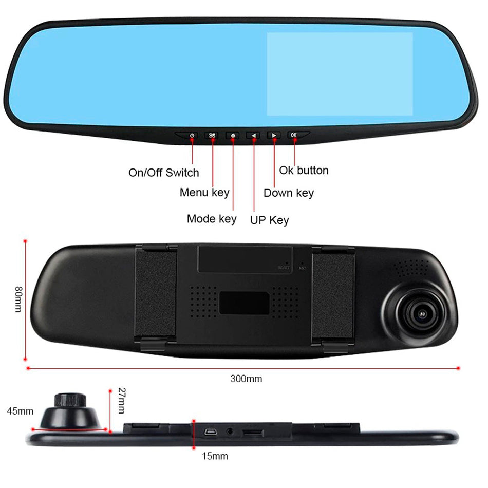 Espejo Retrovisor con Camara Frontal Y Reversa DVR FULL HD-Accesorios-Multishop Uruguay