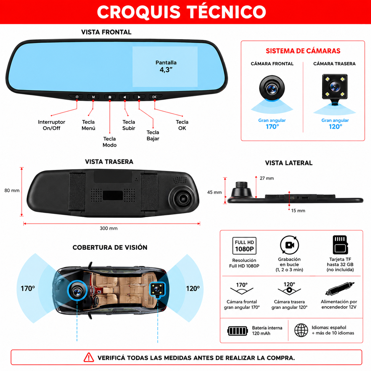 Espejo Retrovisor con Camara Frontal Y Reversa DVR FULL HD-Camaras de Reversa-Multishop Uruguay