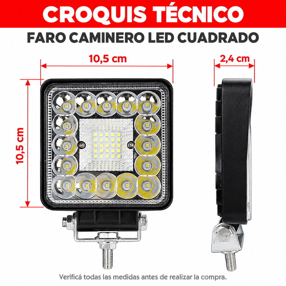 Faro Caminero LED Cuadrado 20W 12/24V con Flash-Faro Caminero-Multishop Uruguay