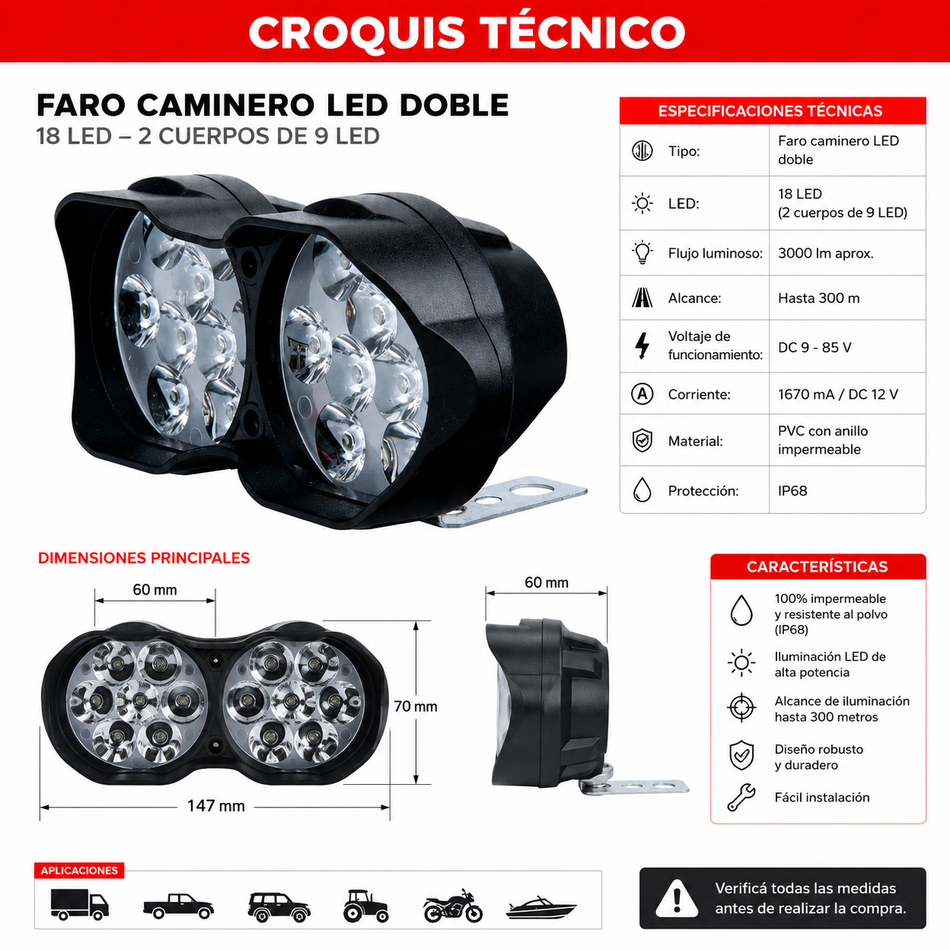Faro Caminero Led Doble 18 Led-Faro Caminero-Multishop Uruguay