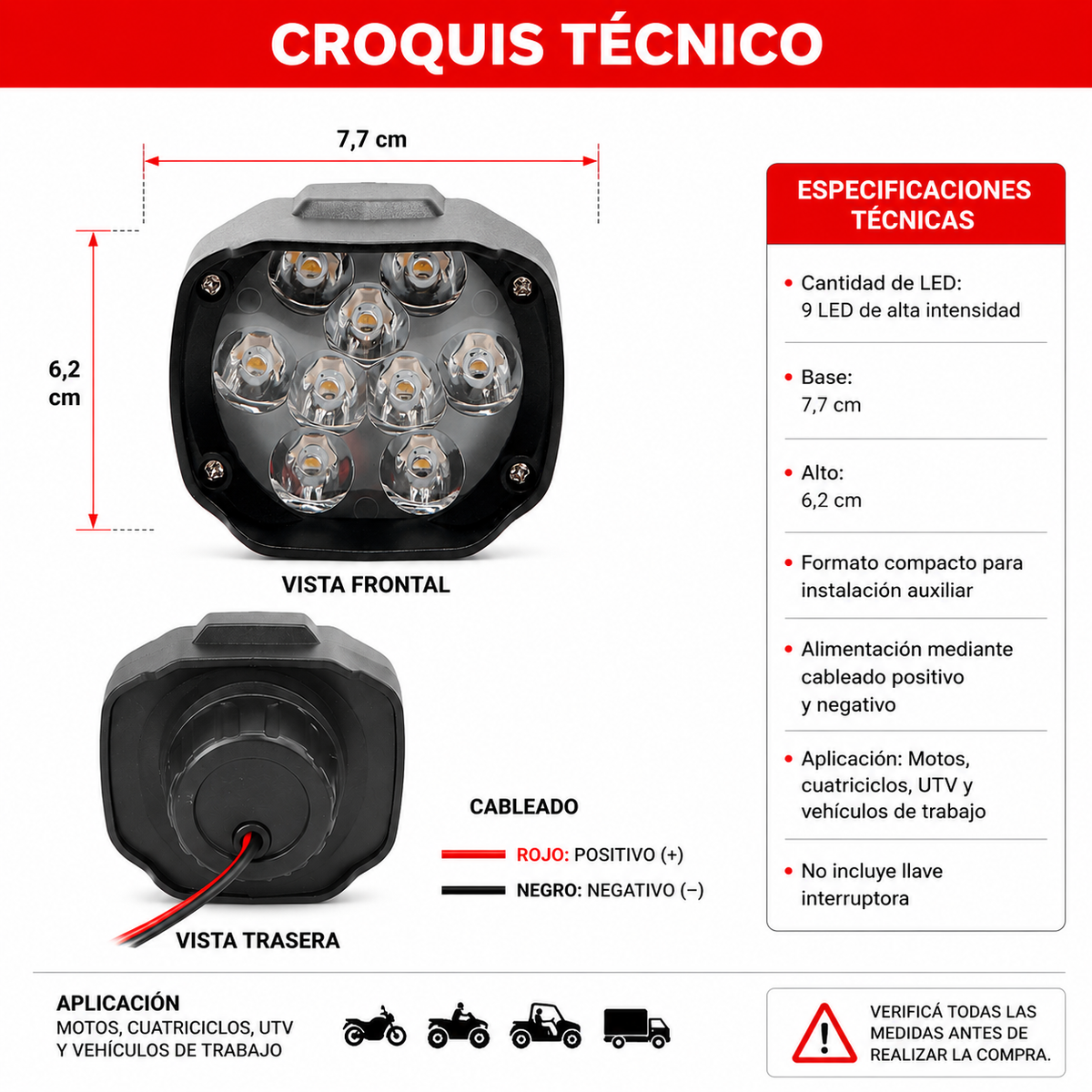 Faro Caminero Moto Cuadrado 9 Led-Faros motos-Multishop Uruguay