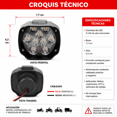 Faro Caminero Moto Cuadrado 9 Led-Faros motos-Multishop Uruguay