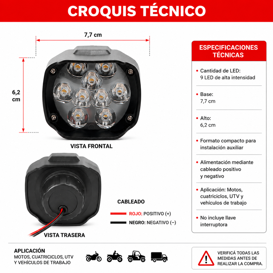 Faro Caminero Moto Cuadrado 9 Led-Faros motos-Multishop Uruguay