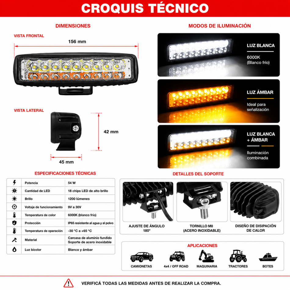 Faro Caminero Rectangular Bicolor Blanco/Ambar 18 Led 54W-Faro Caminero-Multishop Uruguay