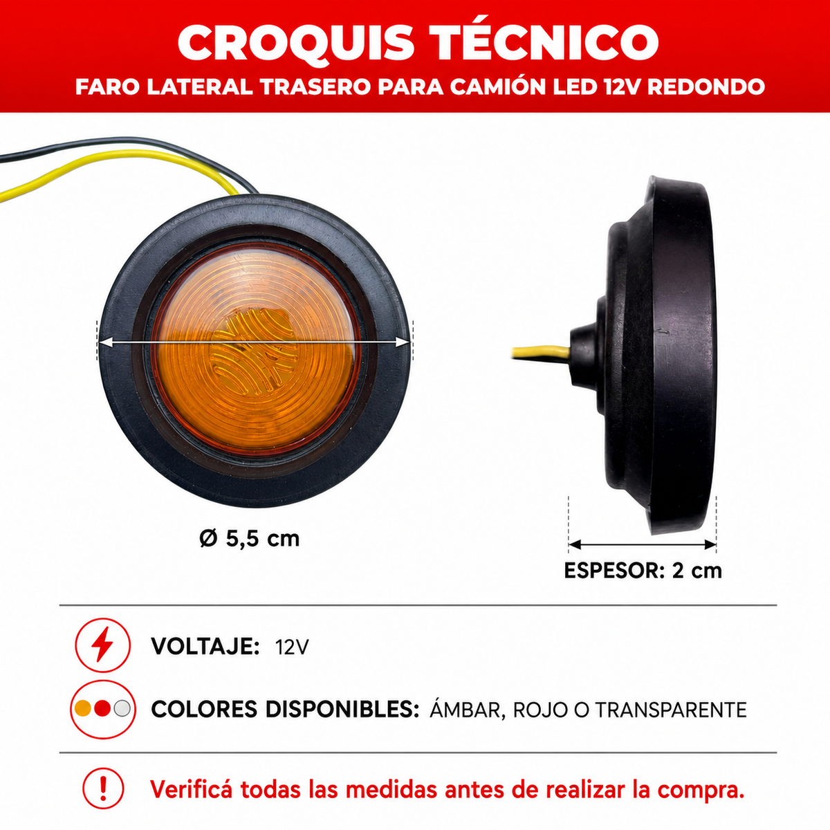Faro Lateral Trasero para Camión LED 12V Redondo-Faros Laterales-Multishop Uruguay