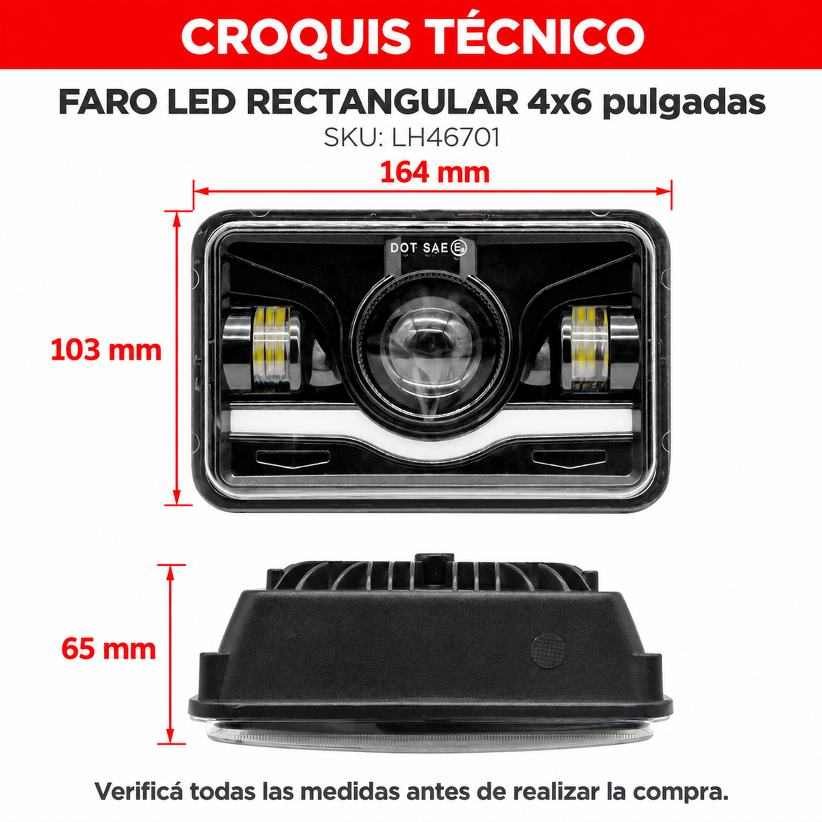 Faro Led Rectangular 4X6" Alta/Baja Luz Diurna 45W-Faro Caminero-Multishop Uruguay