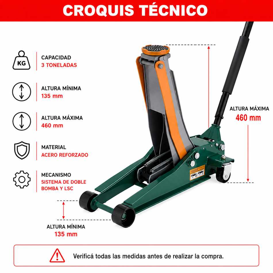 Gato Hidráulico 3 Toneladas Perfil Bajo – Pluma Larga-Multishop Uruguay