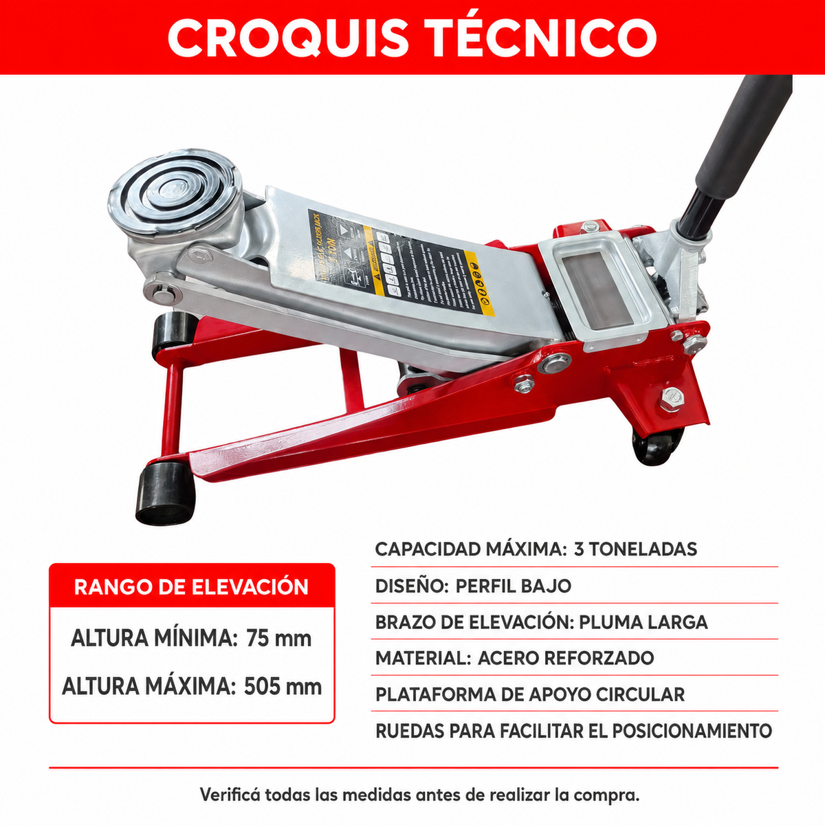 Gato Hidráulico 3 Toneladas Perfil Bajo – Pluma Larga-Multishop Uruguay
