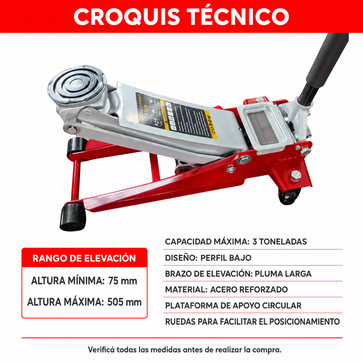 Gato Hidráulico 3 Toneladas Perfil Bajo – Pluma Larga-Multishop Uruguay