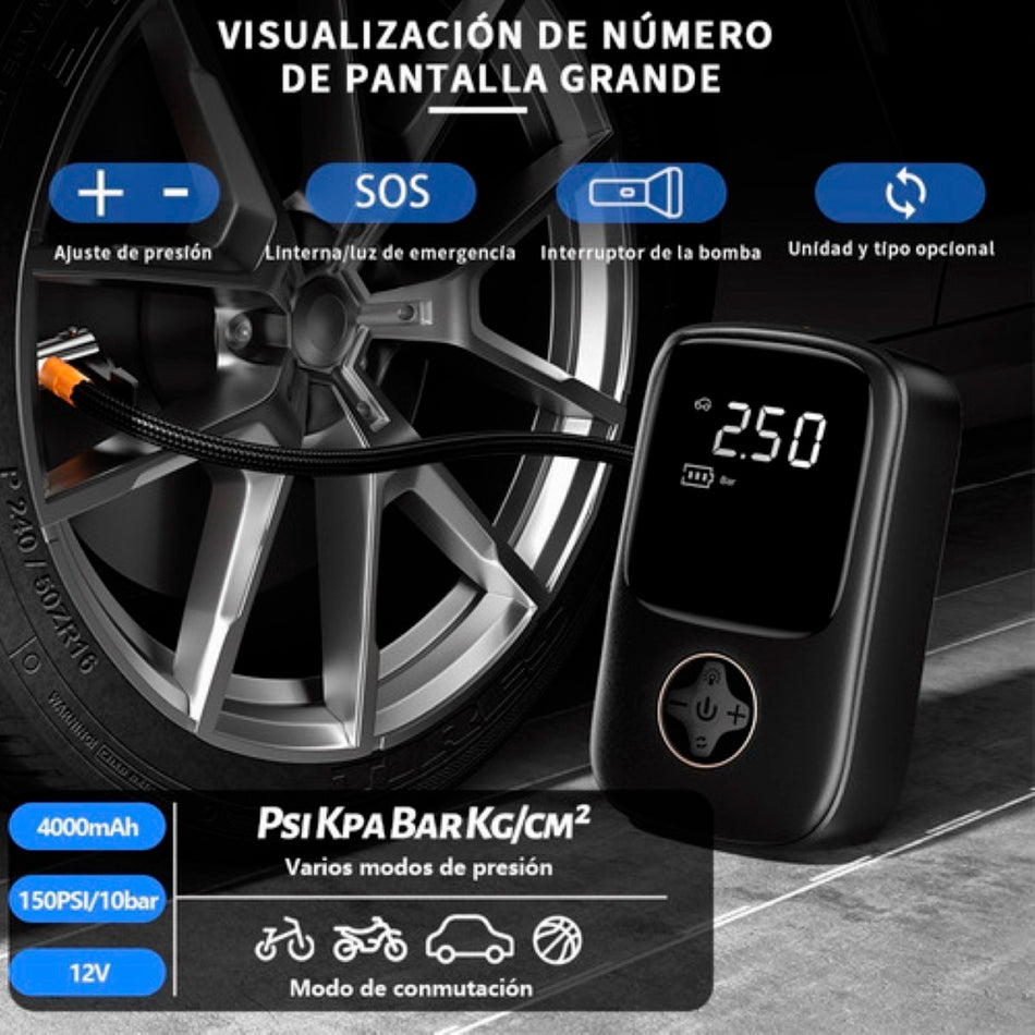 Inflador Portátil 4000mAh Auto Moto Bicicleta Power Bank LCD LED-Infladores-Multishop Uruguay