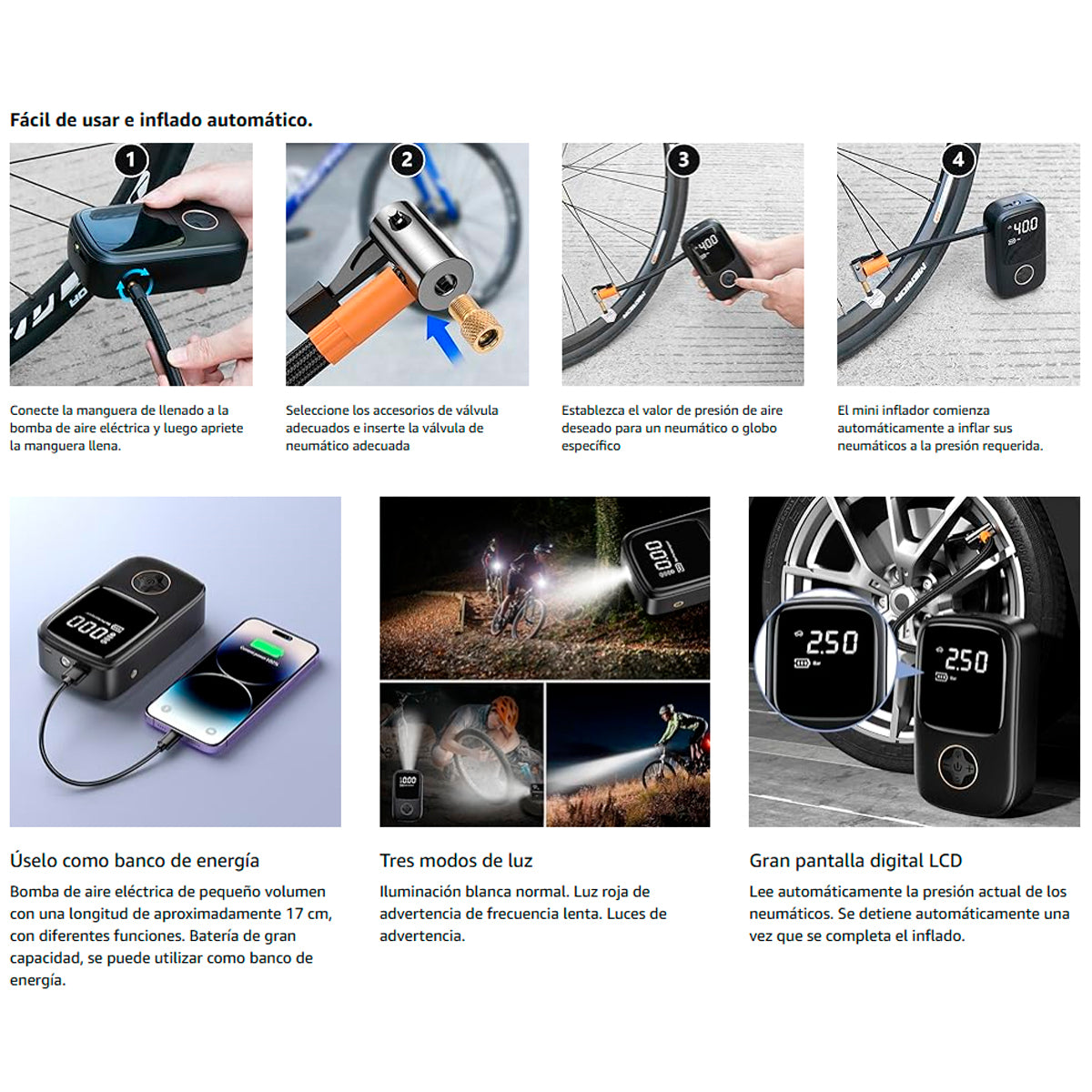 Inflador Portátil 4000mAh Auto Moto Bicicleta Power Bank LCD LED-Infladores-Multishop Uruguay