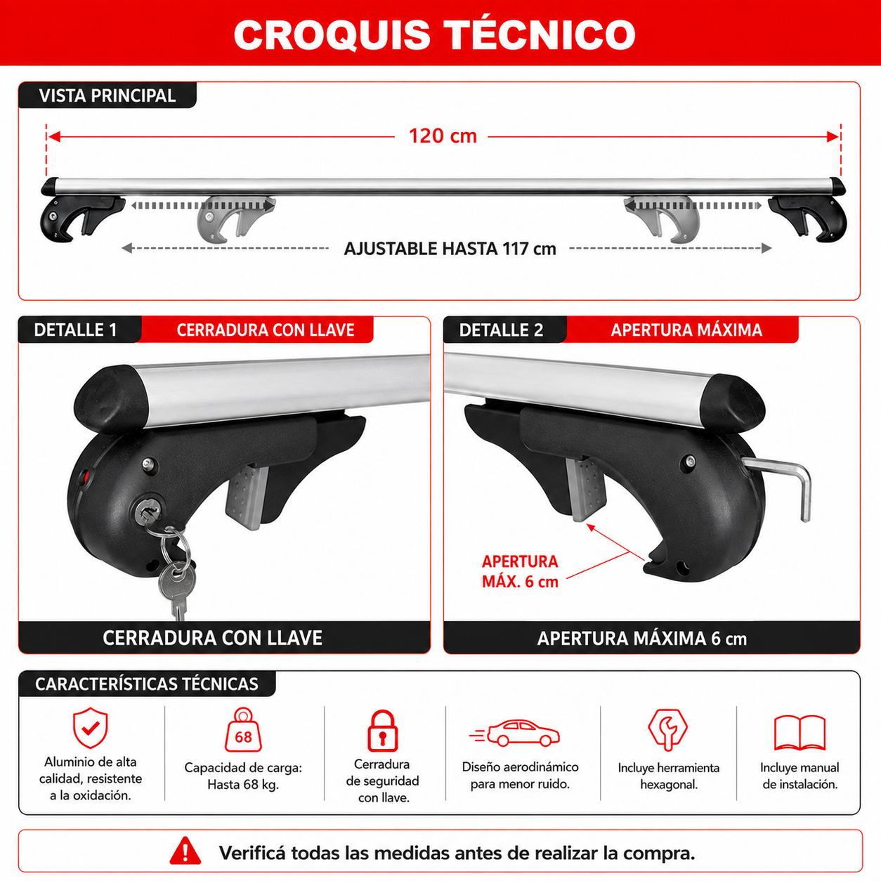 Juego Barras de Techo Transversales Aluminio para rieles elevados-Portaequipajes-Multishop Uruguay