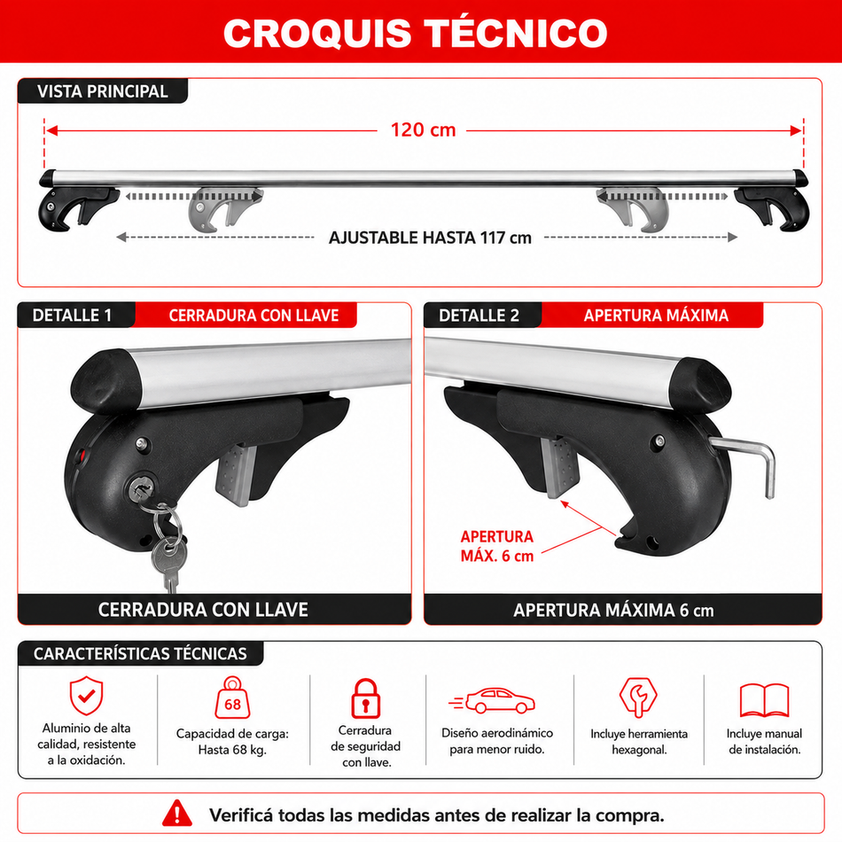 Juego Barras de Techo Transversales Aluminio para rieles elevados-Portaequipajes-Multishop Uruguay