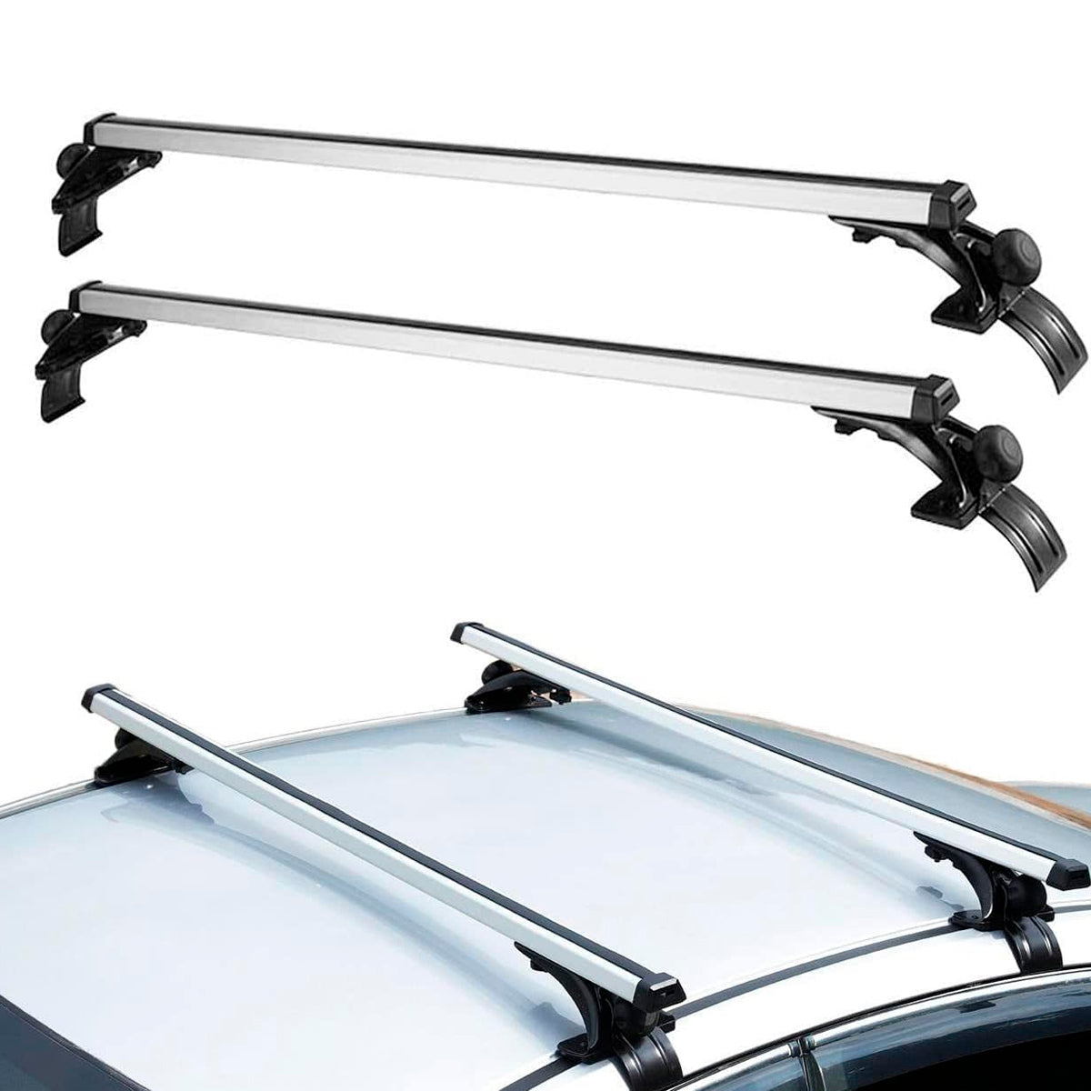 Juego Barras de techo universales 120 cm + Cintas sujeta carga 4,5 m-Portaequipajes-Multishop Uruguay