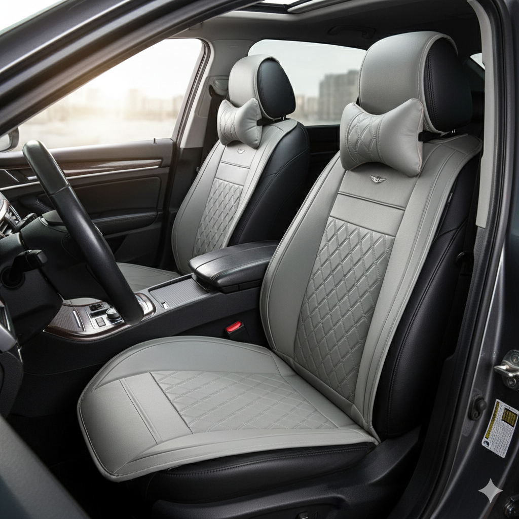 Juego Cubreasientos para auto Eco Cuero Gris Hilo Blanco-Cubreasientos Universales-Multishop Uruguay