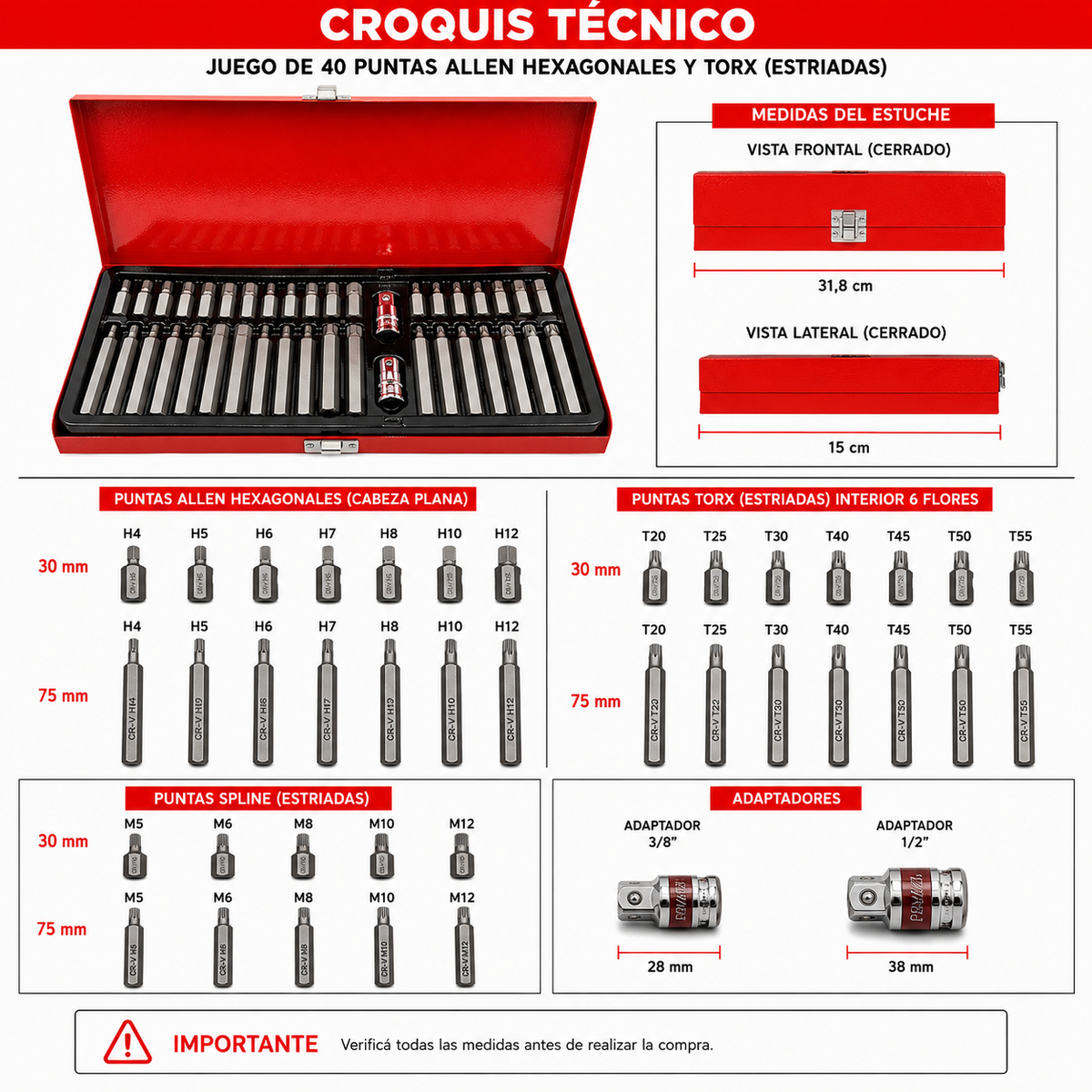 Juego De 40 Puntas Allen Torx Y Estriadas-Caja Dados-Multishop Uruguay