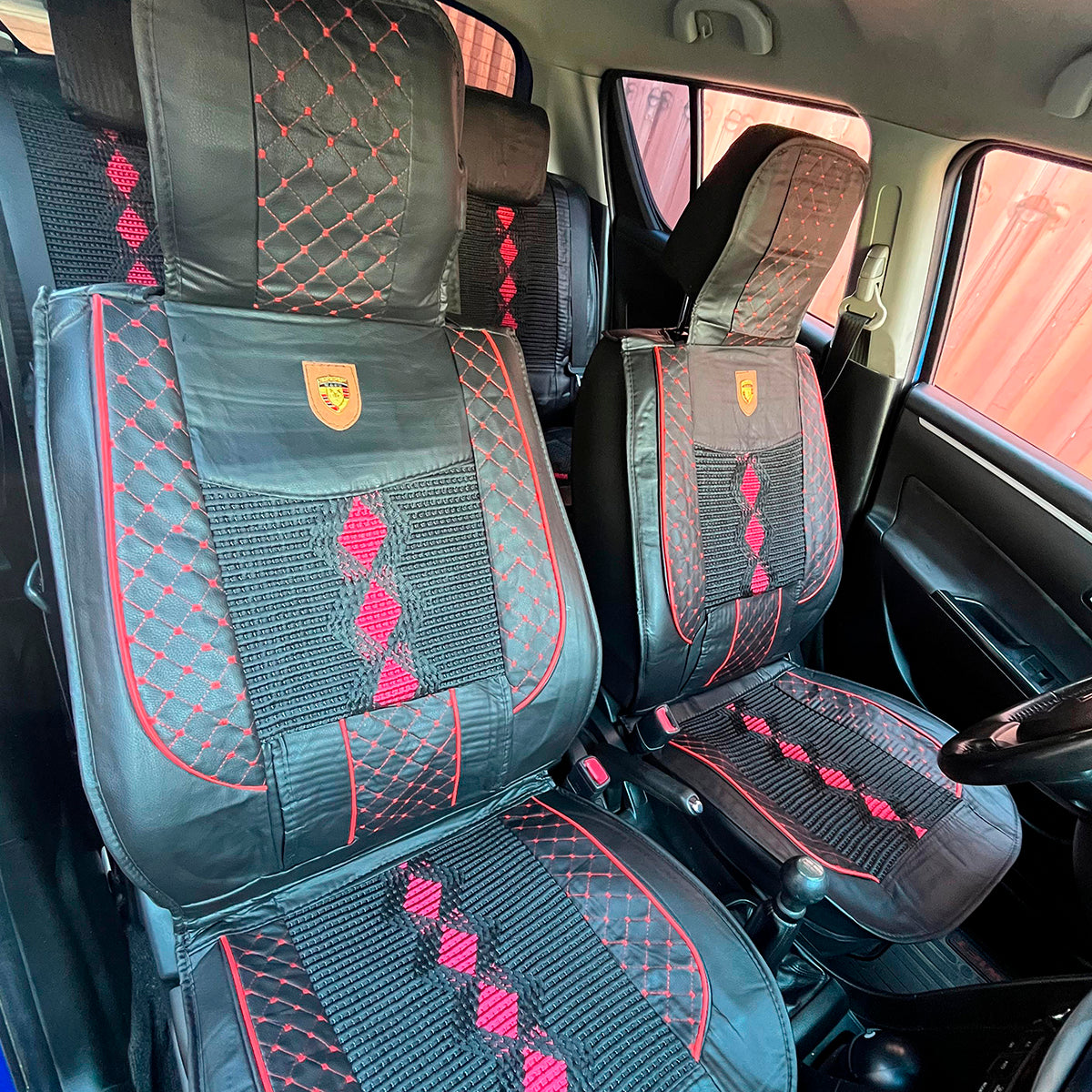 Juego Funda Cubreasientos para auto Eco Cuero Negro/Rojo Lumbar-Cubreasientos Universales-Multishop Uruguay