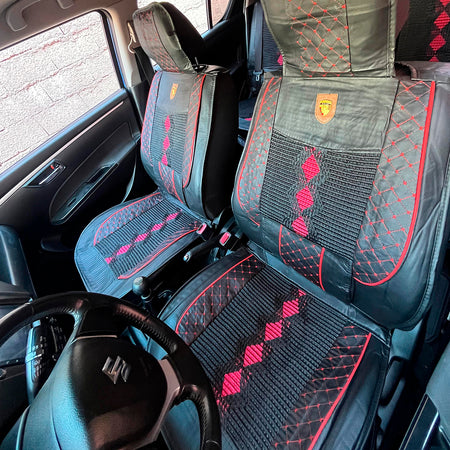 Juego Funda Cubreasientos para auto Eco Cuero Negro/Rojo Lumbar-Cubreasientos Universales-Multishop Uruguay