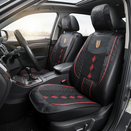 Juego Funda Cubreasientos para auto Eco Cuero Negro/Rojo Lumbar-Cubreasientos Universales-Multishop Uruguay