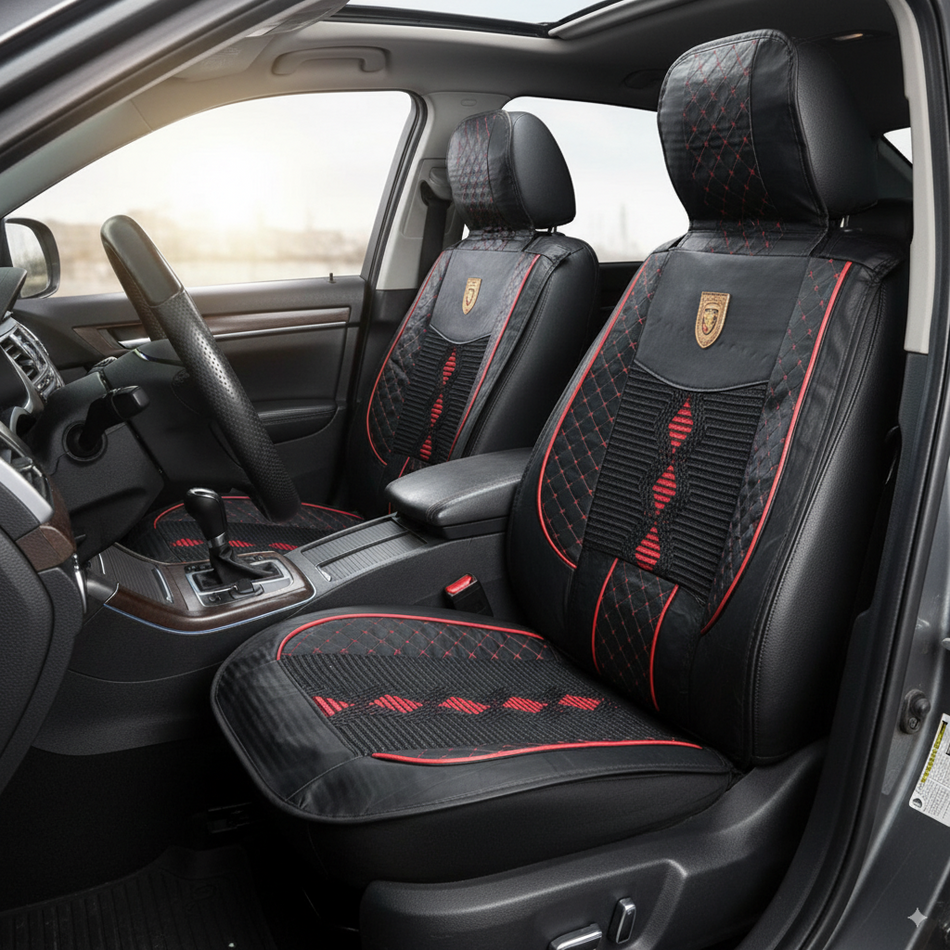 Juego Funda Cubreasientos para auto Eco Cuero Negro/Rojo Lumbar-Cubreasientos Universales-Multishop Uruguay