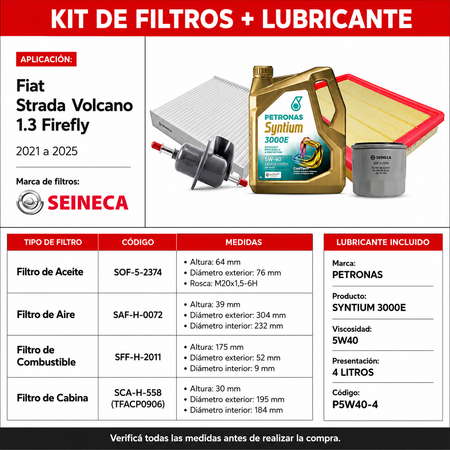 Kit Filtros Fiat Strada Volcano 1.3 Firefly 2021/2025 - Seineca-Kit de Filtros-Multishop Uruguay