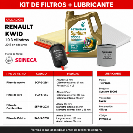 Kit Filtros Renault Kwid 1.0 2018-2025 - Seineca-Kit de Filtros-Multishop Uruguay