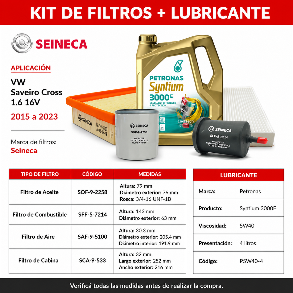 Kit Filtros VW Saveiro Cross 1,6 16V 2015/2023 - Seineca-Kit de Filtros-Multishop Uruguay