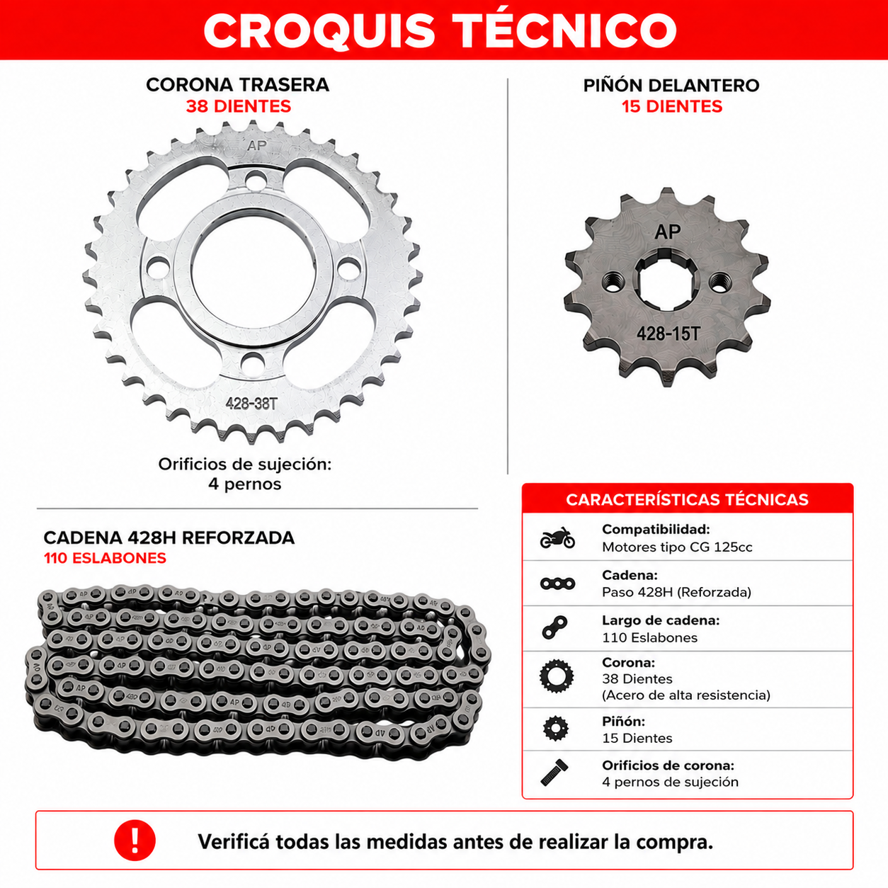 Kit Transmisión CG125 428H Reforzado 38T 15T-Kit transmisión motos-Multishop Uruguay
