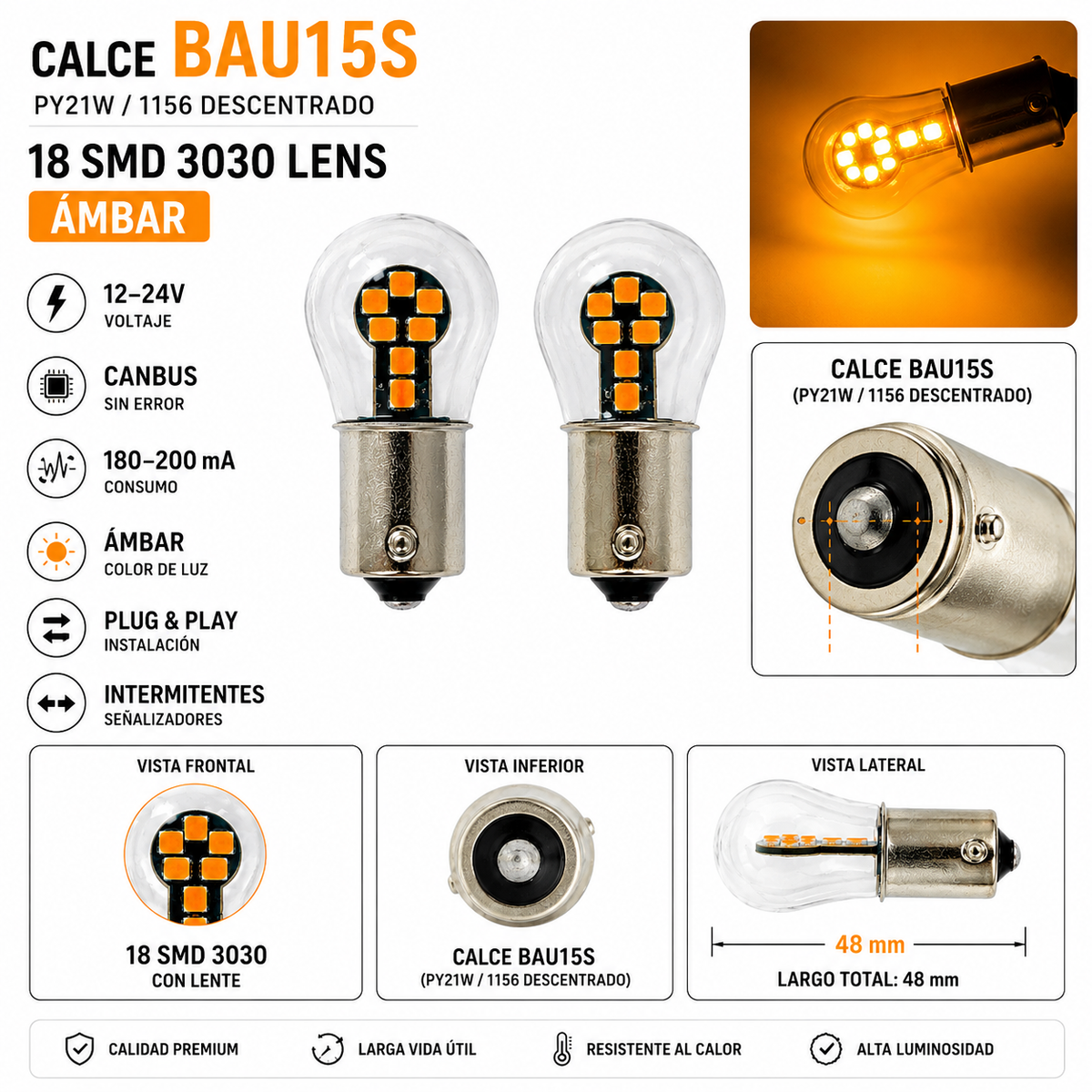 Lámpara LED BAU15S PY21W Ámbar Canbus Intermitente 12-24V-Lamparas Led-Multishop Uruguay