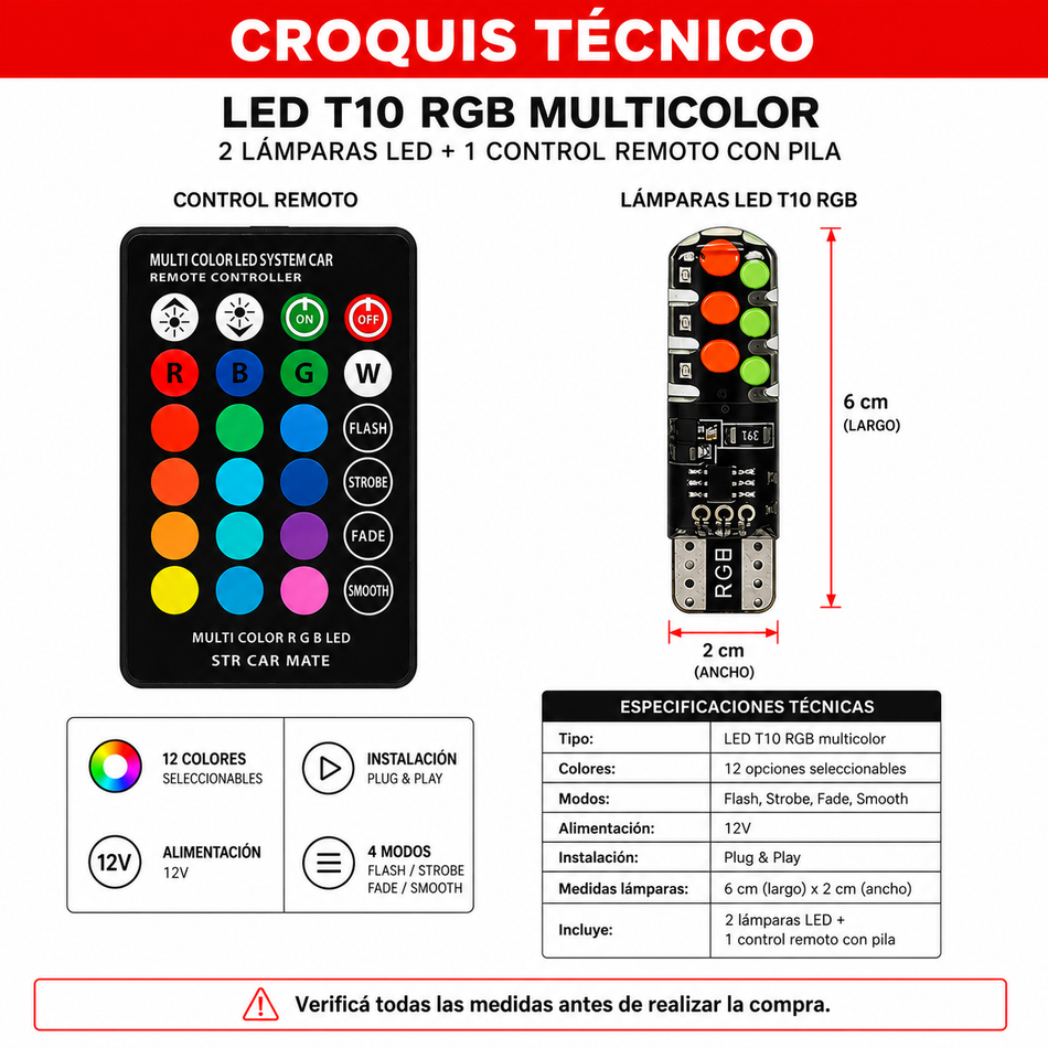 Lamparas Led T10 12 Colores C/Control Remoto Rgb-Lamparas Led-Multishop Uruguay