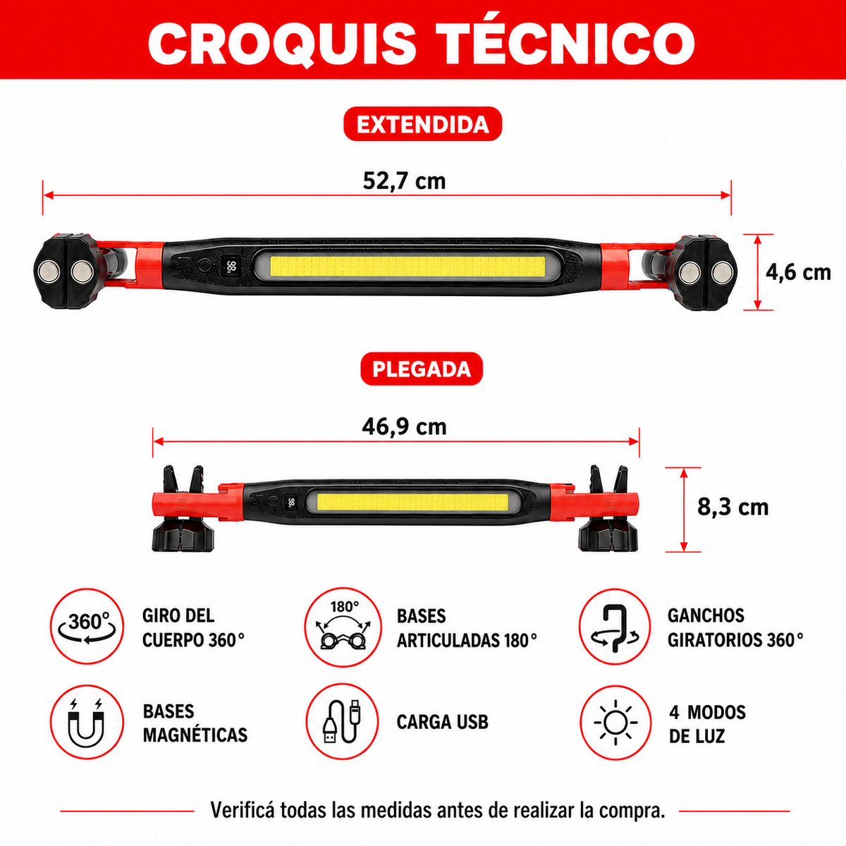 Linterna de Trabajo COB Magnética Recargable 360°-Linternas-Multishop Uruguay