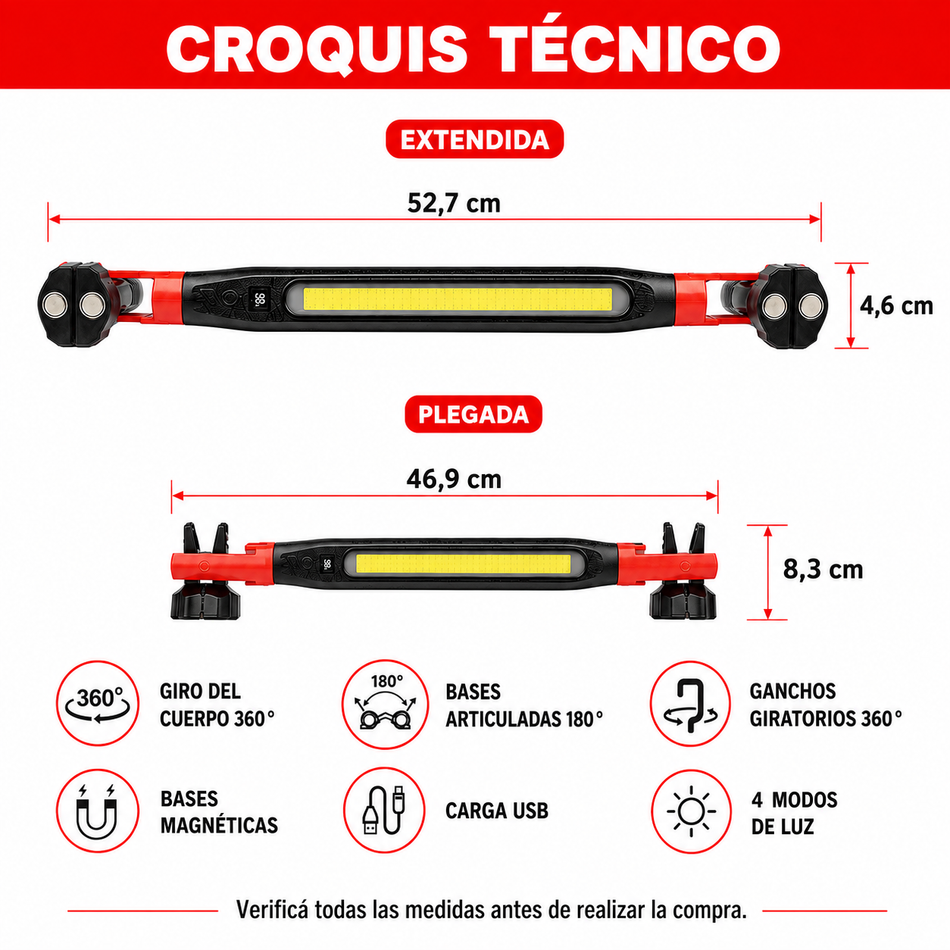 Linterna de Trabajo COB Magnética Recargable 360°-Linternas-Multishop Uruguay