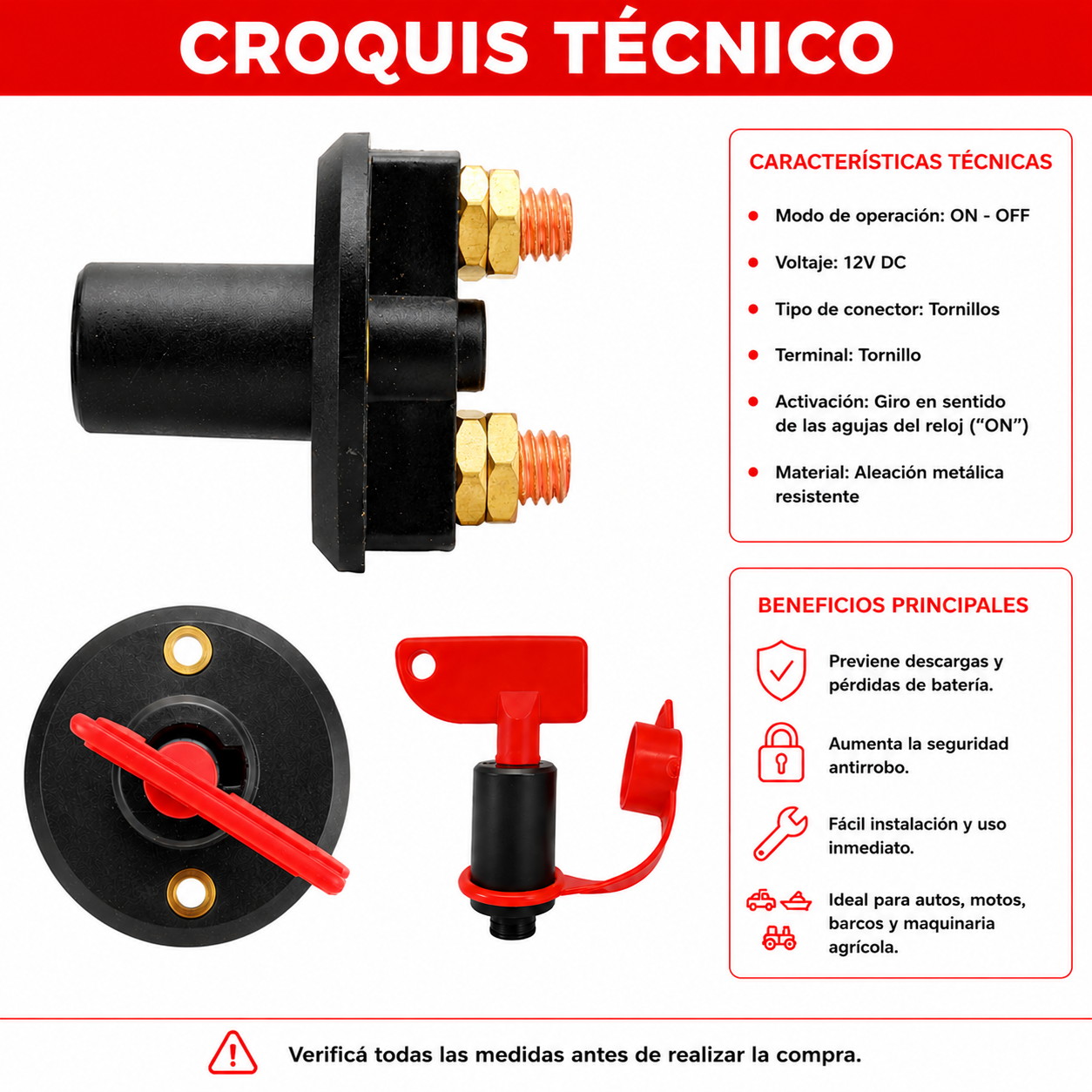 Llave de Corte de Corriente 12V con Llave ON-OFF Metálica-Enchufes-Multishop Uruguay