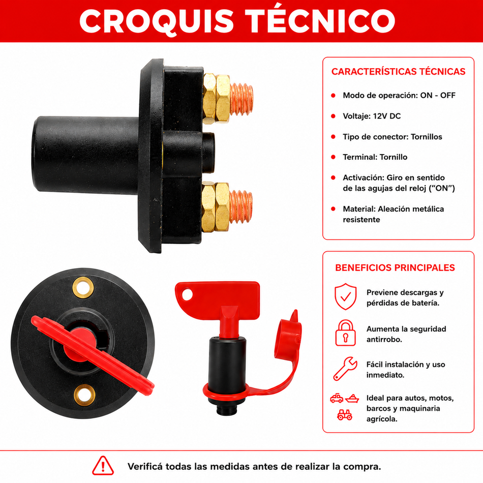 Llave de Corte de Corriente 12V con Llave ON-OFF Metálica-Enchufes-Multishop Uruguay